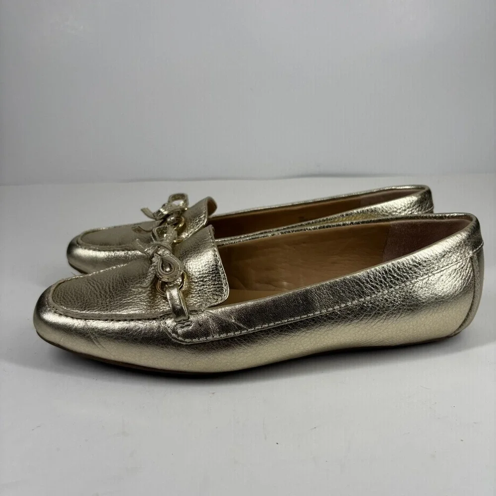 Talbots Women's US 7M Metallic Gold Leather Bow Tie Slip-On Loafers‎ Flats Shoes
